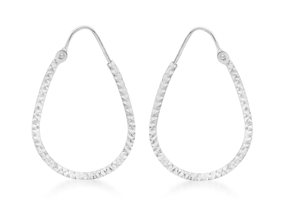 9ct White Gold Diamond Cut Teardrop Hoop Earrings