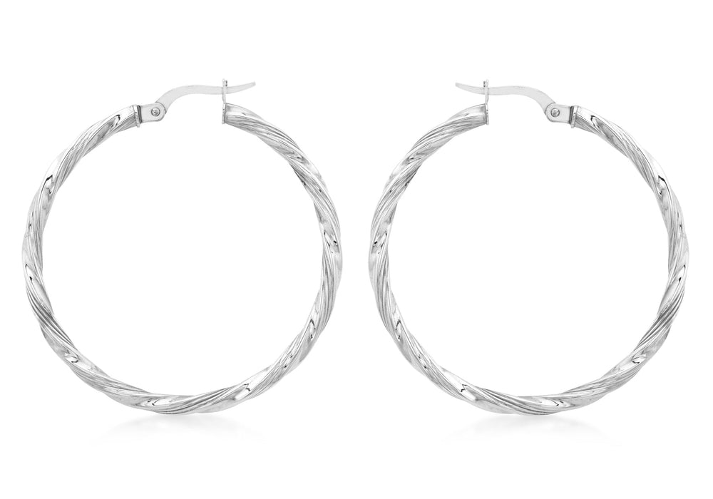 9ct White Gold 37mm Twist Round Creole Earrings