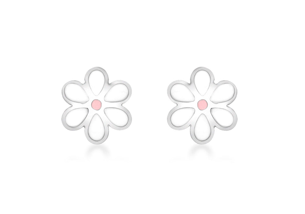 9ct White Gold Pink and White Enamel Flower Stud Earrings