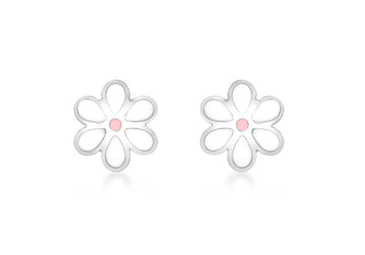 9ct White Gold Pink and White Enamel Flower Stud Earrings