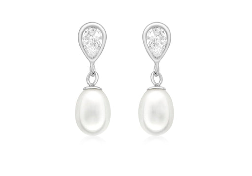 9ct White Gold Pearl and Zirconia  Teardrop Earrings