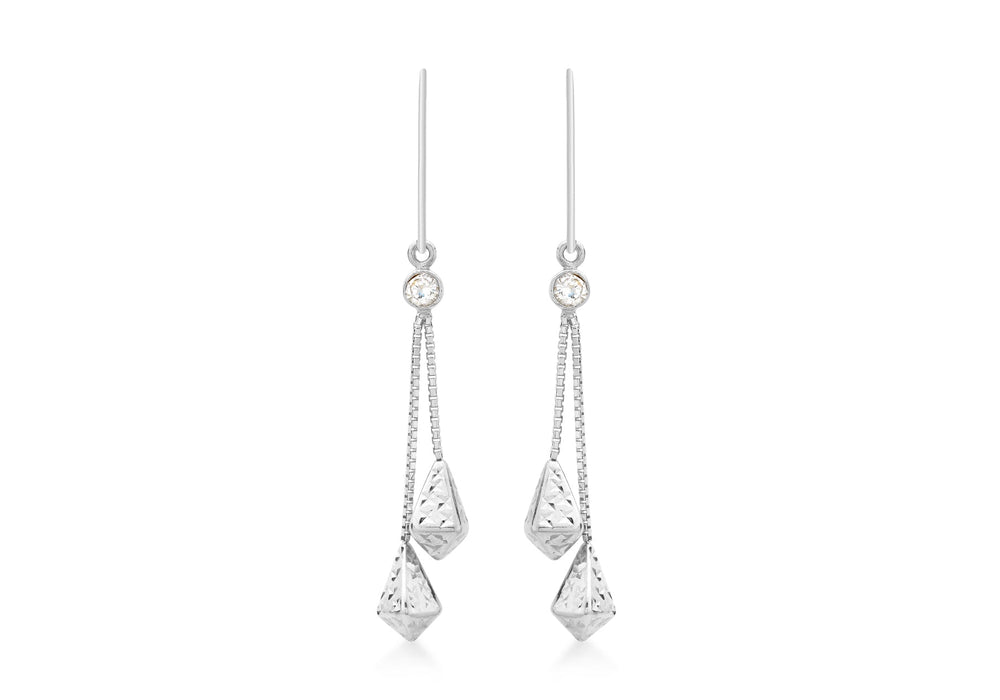 9ct White Gold Zirconia  and Diamond Cut Chain Drop Earrings