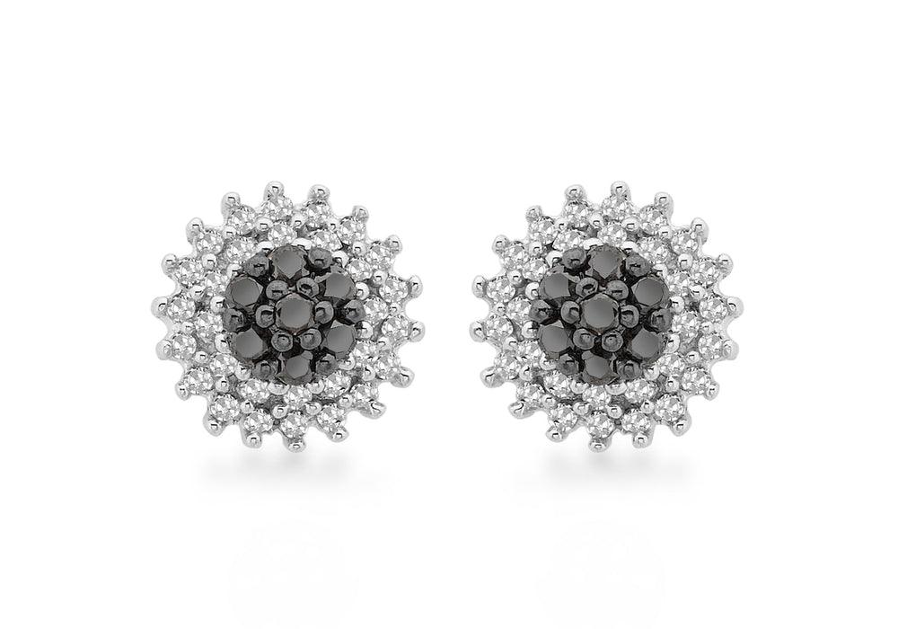 9ct White Gold 0.50ct Black and White Diamond Cluster Stud Earrings