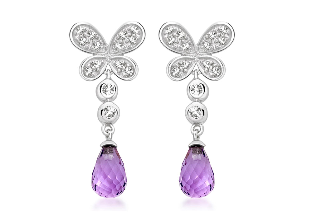 9ct White Gold 0.18ct Diamond Butterfly Amethyst Drop Earrings