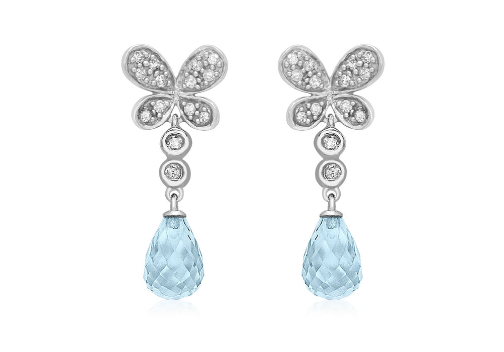 9ct White Gold 0.18ct Diamond Butterfly Blue Topaz Teardrop Earrings