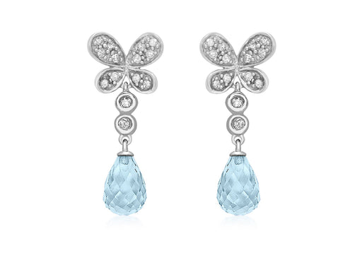 9ct White Gold 0.18ct Diamond Butterfly Blue Topaz Teardrop Earrings