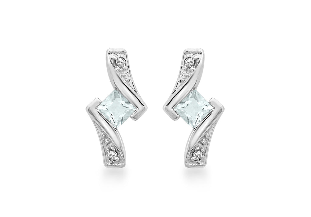 9ct White Gold 0.03t Diamond and Aquamarine Stud Earrings