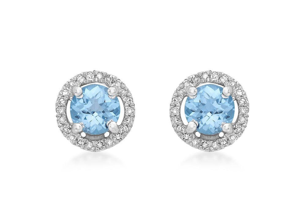 9ct White Gold 0.13t Diamond and Blue Topaz 8mm Round Stud Earrings