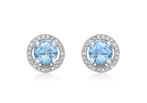 9ct White Gold 0.13t Diamond and Blue Topaz 8mm Round Stud Earrings