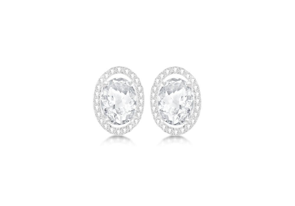 9ct White Gold Oval Zirconia  and Pave Set 9mm x 12mm Stud Earrings