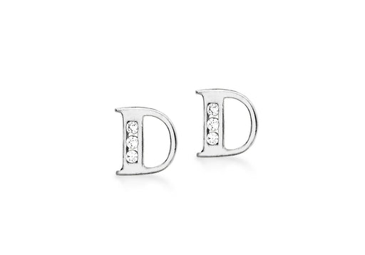 9ct White Gold Zirconia  6mm x 6mm 'D' Initial Stud Earrings