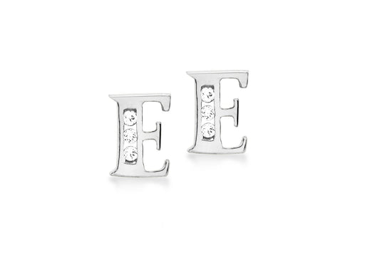 9ct White Gold Zirconia  5mm x 7mm 'E' Initial Stud Earrings