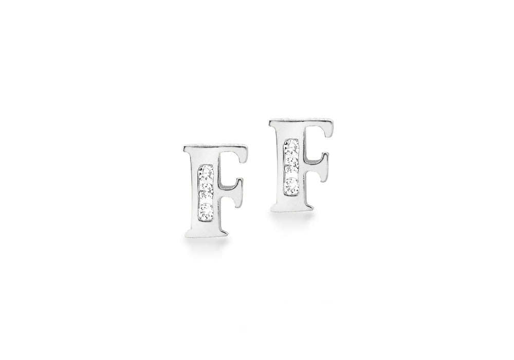 9ct White Gold Zirconia  5mm x 7mm 'F' Initial Stud Earrings