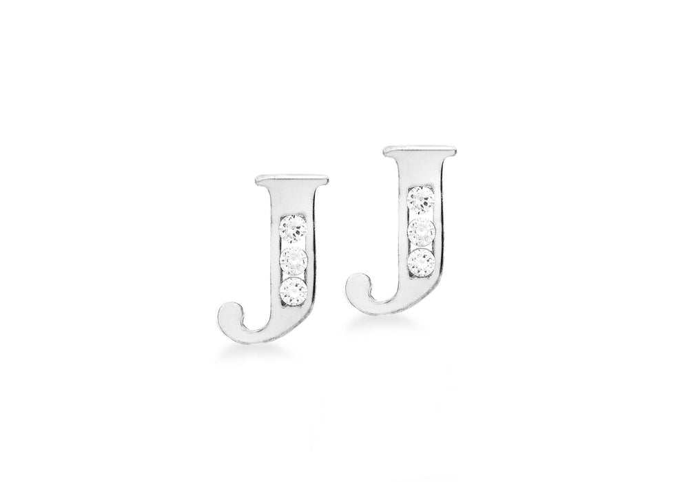 9ct White Gold Zirconia  4mm x 7mm 'J' Initial Stud Earrings