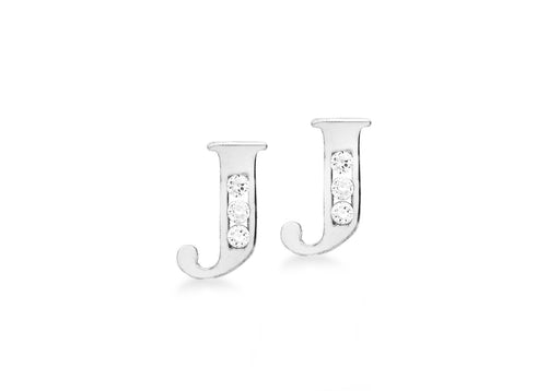 9ct White Gold Zirconia  4mm x 7mm 'J' Initial Stud Earrings