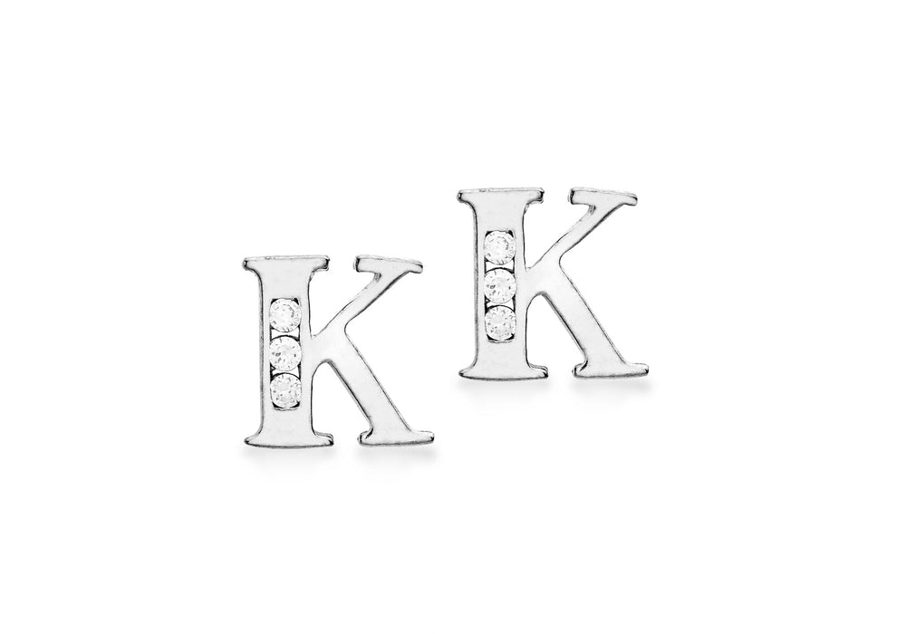 9ct White Gold Zirconia  7mm x 7mm 'K' Initial Stud Earrings