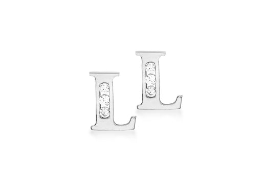 9ct White Gold Zirconia  5mm x 6mm 'L' Initial Stud Earrings