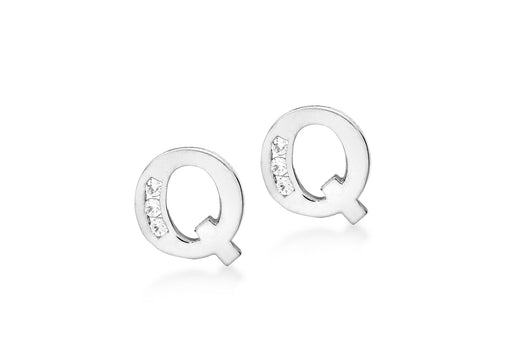 9ct White Gold Zirconia  7mm x 7mm 'Q' Initial Stud Earrings