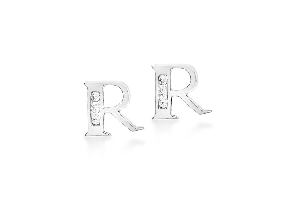 9ct White Gold Zirconia  7mm x 7mm 'R' Initial Stud Earrings