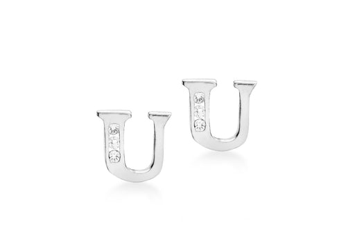 9ct White Gold Zirconia  7mm x 7mm 'U' Initial Stud Earrings