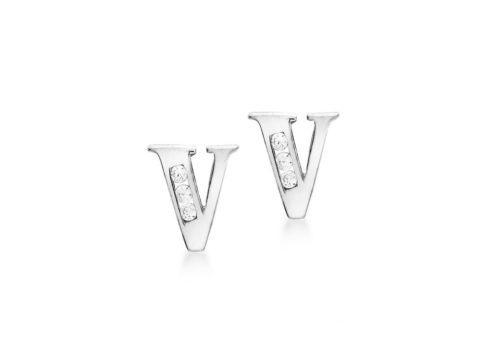 9ct White Gold Zirconia  6mm x 7mm 'V' Initial Stud Earrings