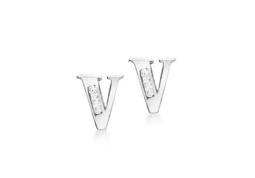 9ct White Gold Zirconia  6mm x 7mm 'V' Initial Stud Earrings