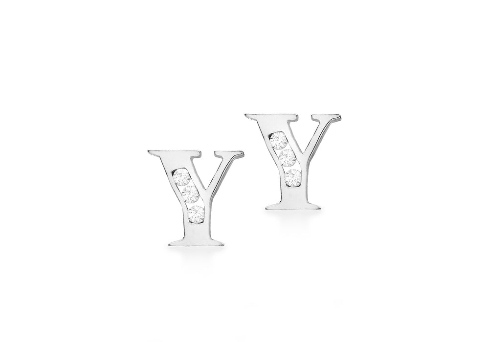 9ct White Gold Zirconia  6mm x 6mm 'Y' Initial Stud Earrings