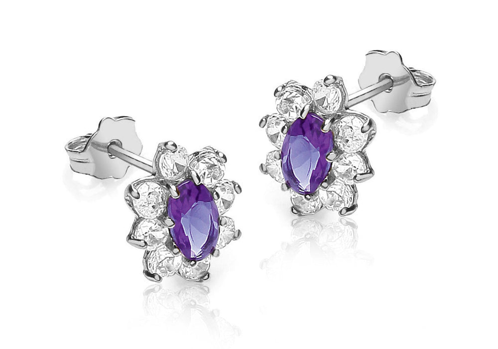 9ct White Gold Purple and White Zirconia  Marquise Cluster Stud Earrings