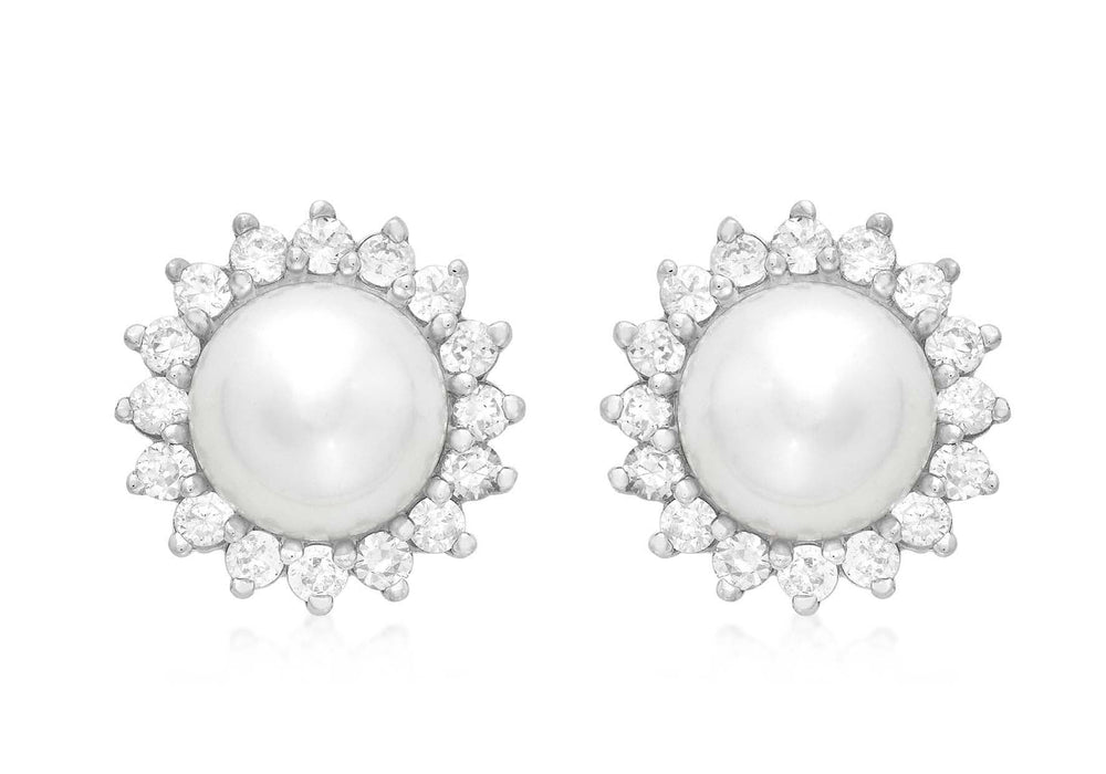 9ct White Gold 12mm Pearl and Zirconia  Cluster Stud Earrings