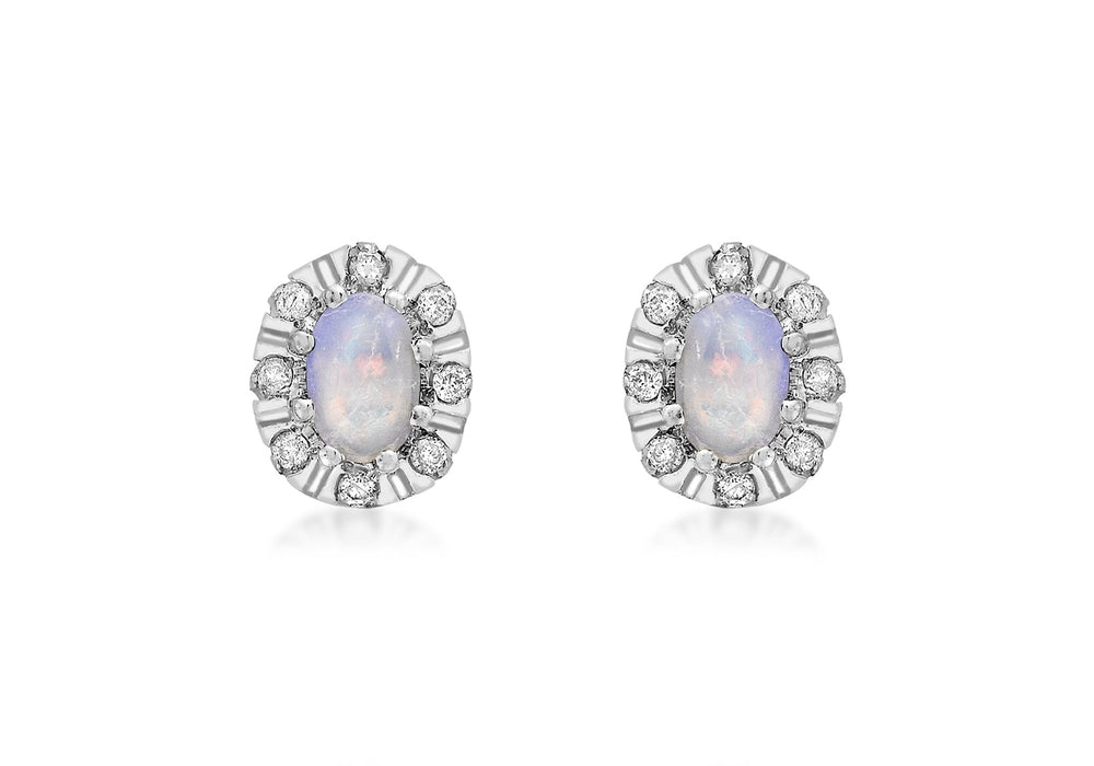 9ct White Gold 0.16t Diamond and Opal Cluster Stud Earrings