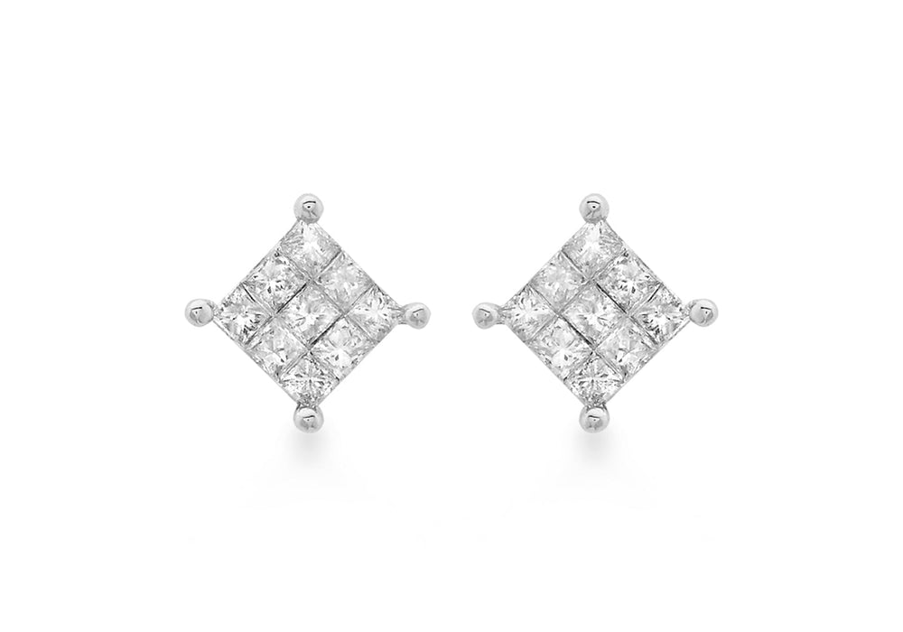 9ct White Gold 0.25t Diamond 5mm x 5mm Square Stud Earrings