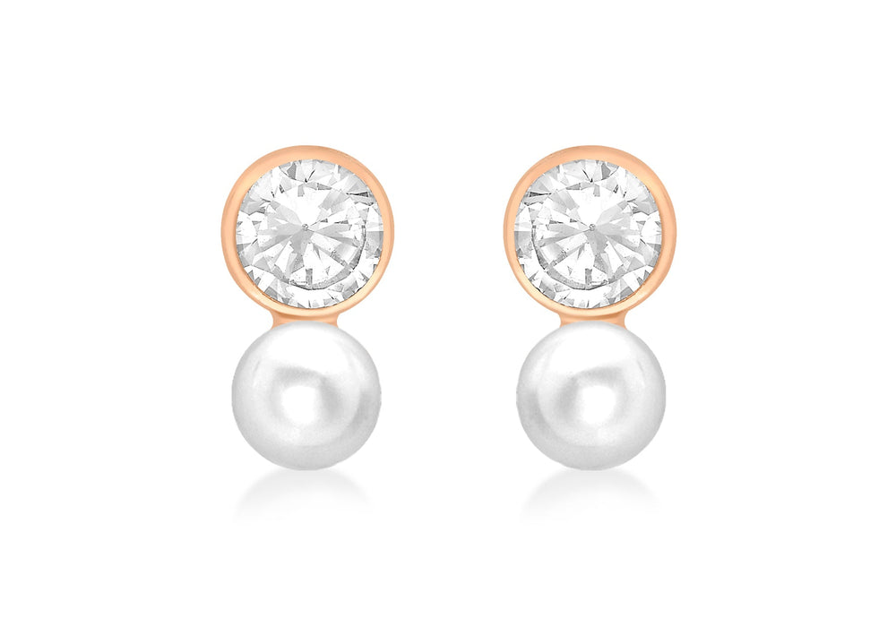 9ct Rose Gold Zirconia  and Pearl Drop 5mm x 10mm Stud Earrings