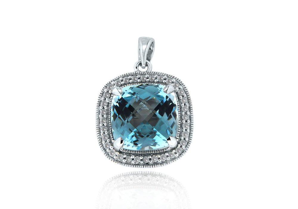 9ct White Gold 0.05t Diamond and ushion Cut Blue Topaz Pendant