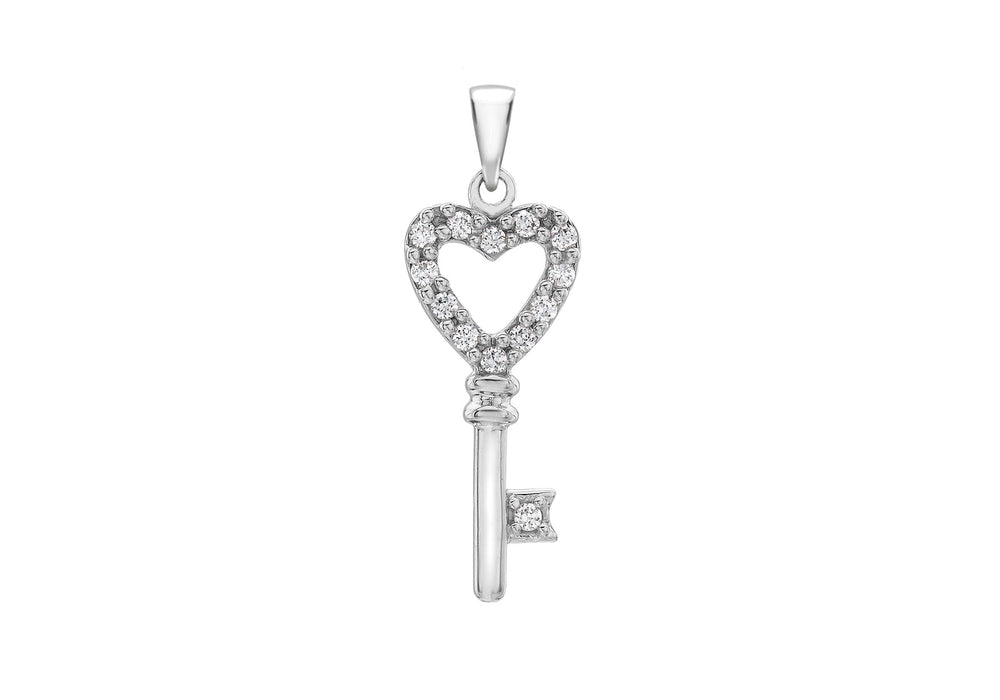 9ct White Gold Zirconia  Heart Key Pendant