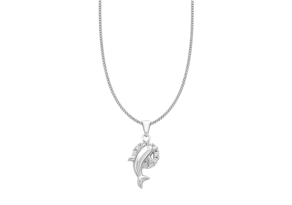 9ct White Gold Zirconia  Dolphin & Hoop Pendant