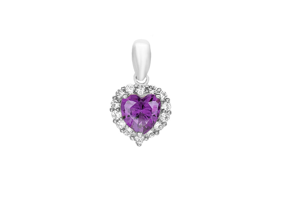 9ct White Gold Purple and White Zirconia  Heart Cluster Pendant