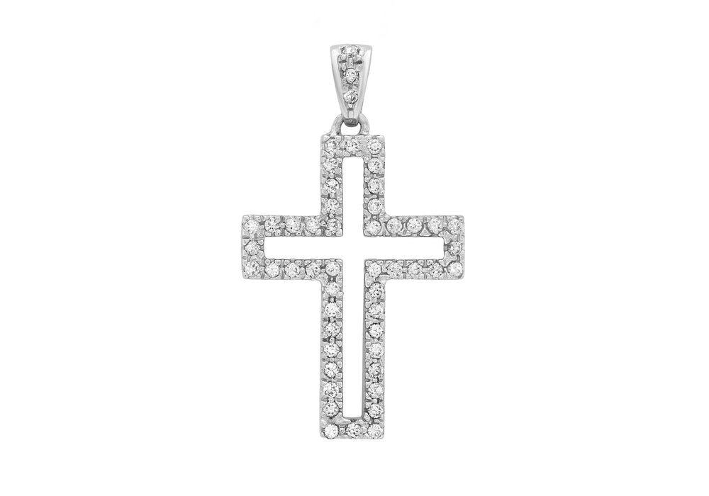 9ct White Gold Zirconia  18mm x 33mm Open Cross Pendant