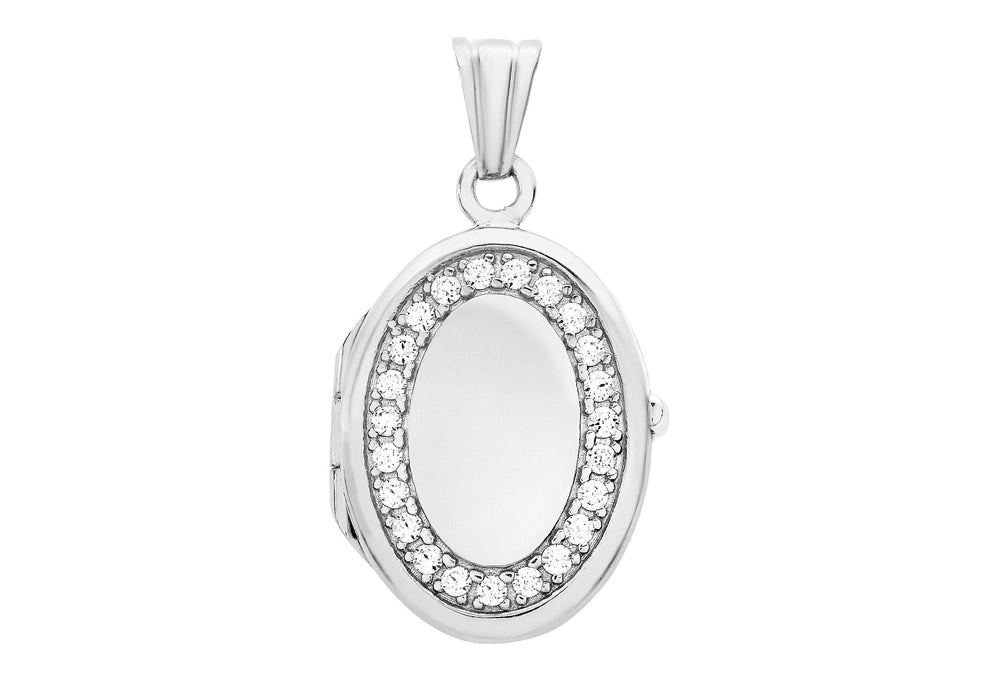 9ct White Gold Zirconia  16mm x 24mm Oval Locket Pendant