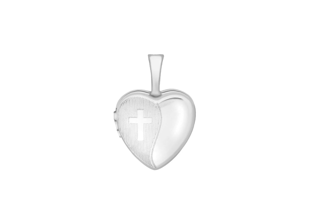 9ct White Gold Small Etched  Cross Detail Heart Locket