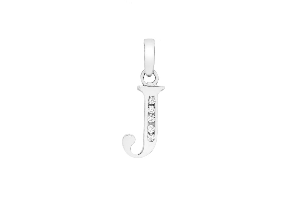 9ct White Gold Zirconia  5mm x 11mm 'J' Initial Pendant