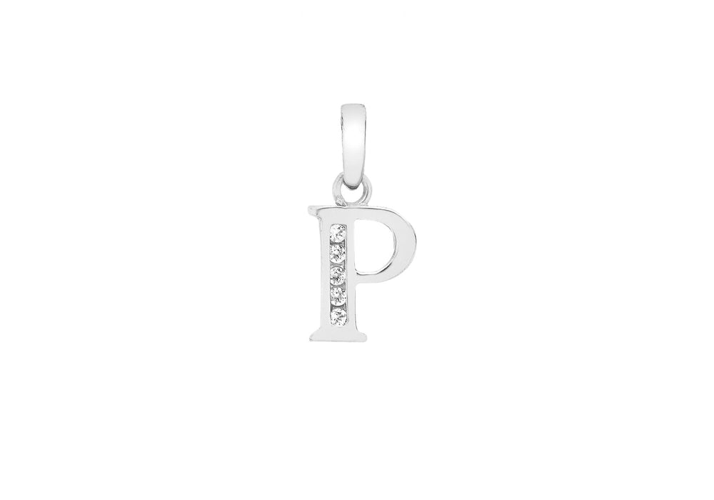 9ct White Gold Zirconia  7mm x 11mm 'P' Initial Pendant