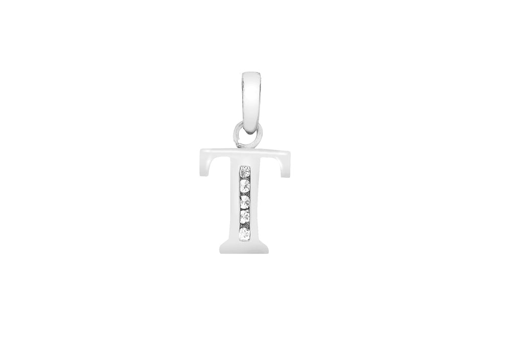 9ct White Gold Zirconia  8mm x 12mm 'T' Initial Pendant