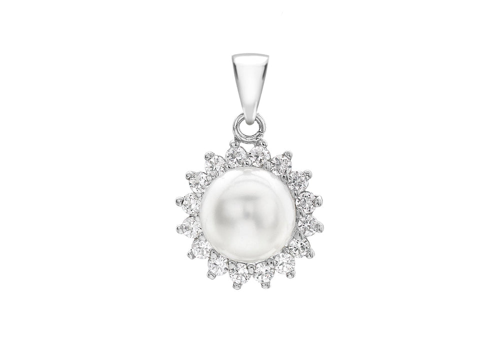 9ct White Gold 8mm Pearl and Zirconia  Cluster Pendant