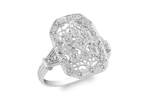 9ct White Gold 0.10ct Diamond Rectangular Filigree Ring