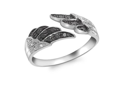 9ct White Gold 0.19ct Black and White Diamond Angel Wing Ring