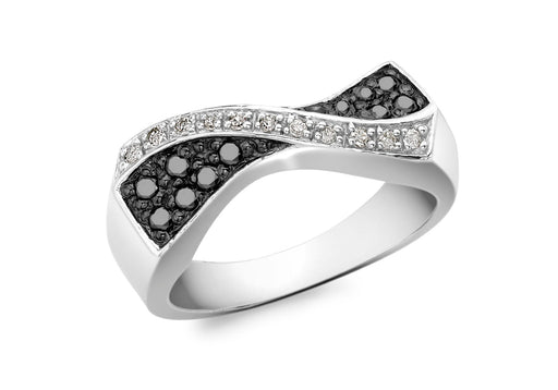 9ct White Gold 0.25t Black and White Diamond Crossover Wave Ring