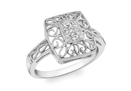 9ct White Gold 0.04t Diamond Square Filigree Ring