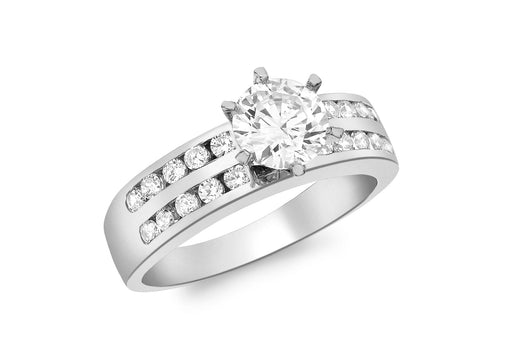 9ct White Gold Zirconia  Solitaire with 2 Rows of Small Zirconia  Ring