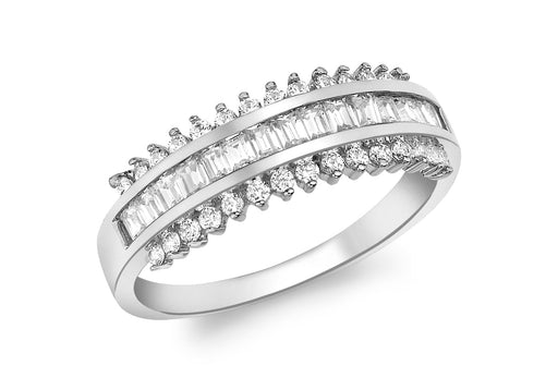 9ct White Gold Zirconia  Baguette with Round Zirconia  Surrounding Band Ring