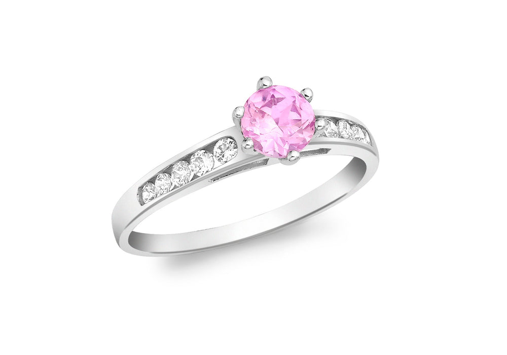 9ct White Gold White Zirconia  with Pink Solitaire Zirconia  Ring